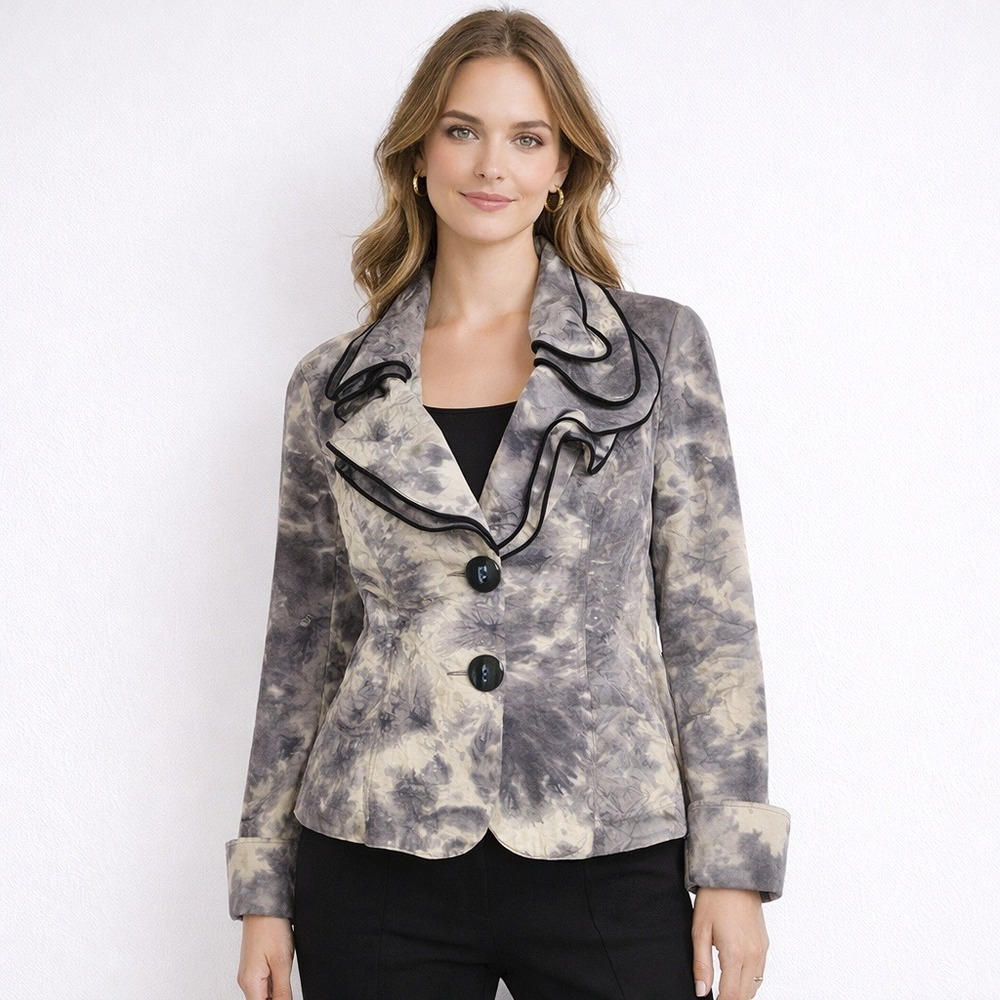 Joseph Ribkoff Ruffle Blazer Jacket Abstract‎ Print Women's Size 12 Career Chic